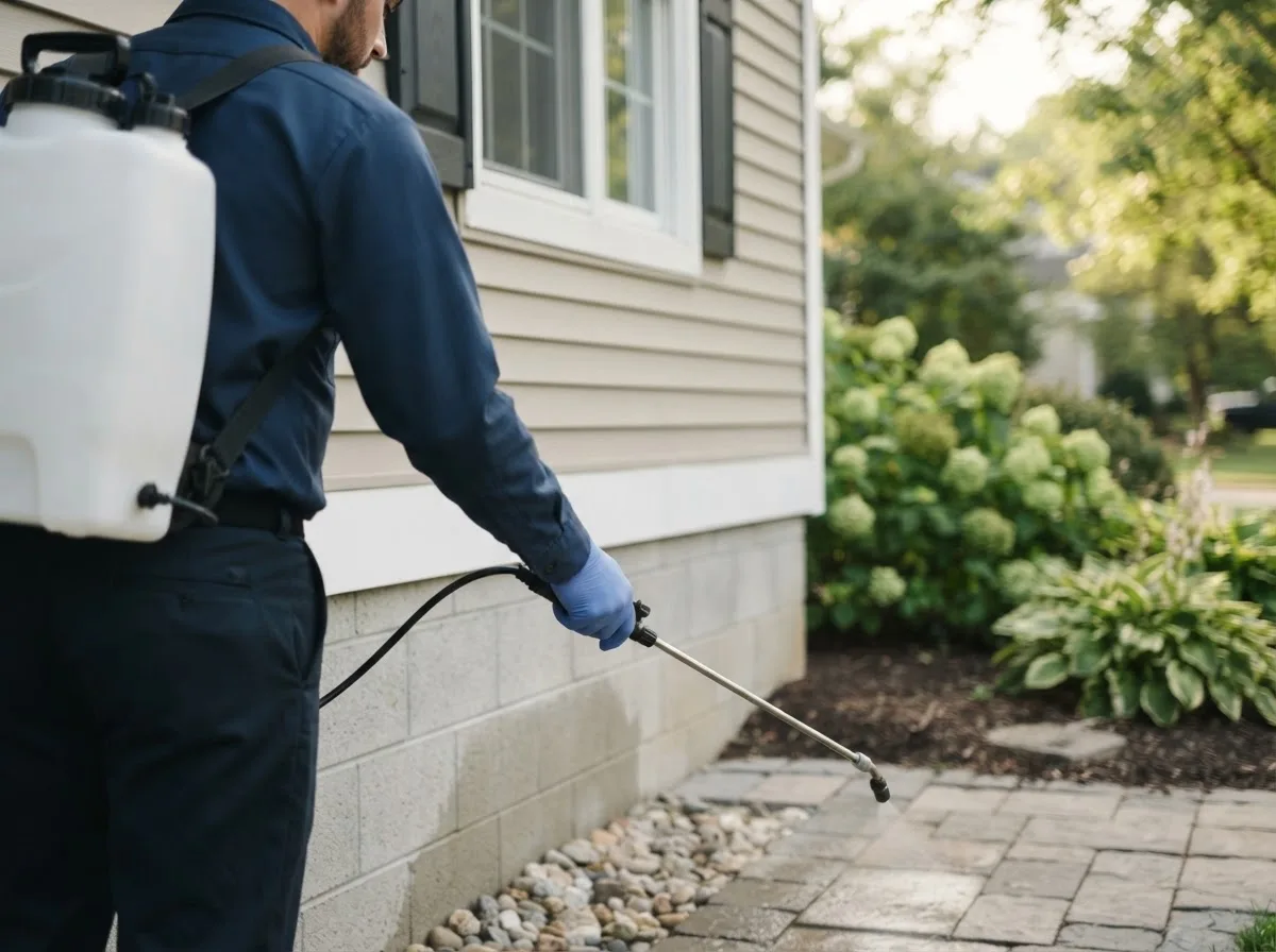 Pest control technician inspecting a home in Agra, KS